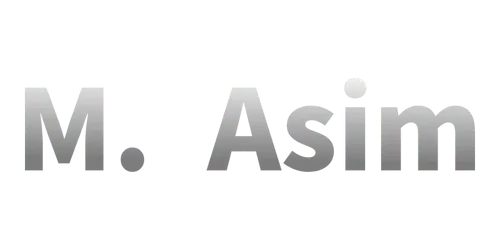 M. Asim logo in silver text